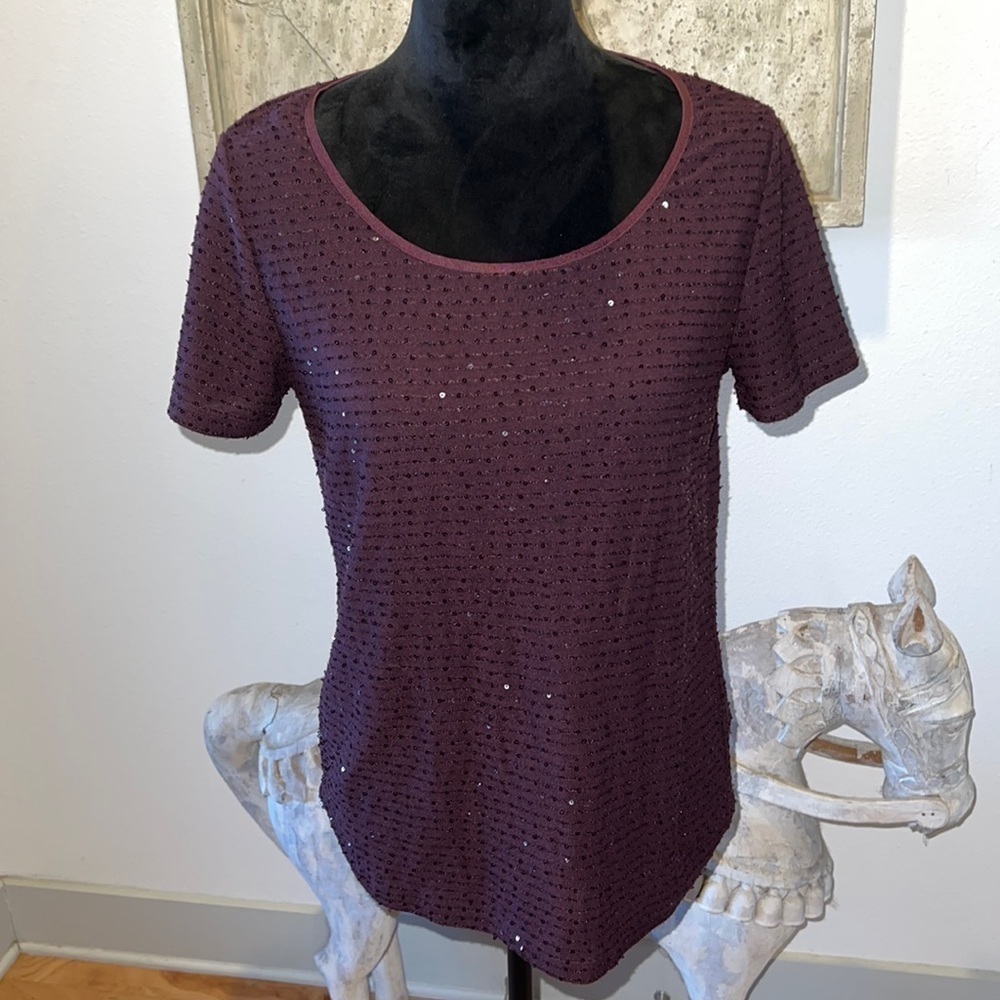 HUGO Hugo Boss sequin short‎ sleeve burgundy / Cabernet top blouse Sz M